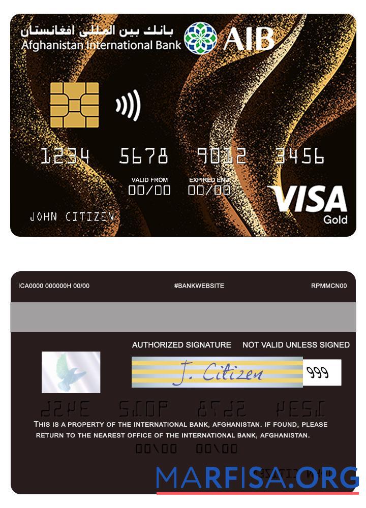 Realistic Afghanistan international bank visa gold credit card template